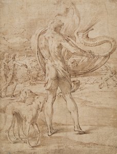 Huntsmen Sounding His Horn with a Staghunt in the Distance by Parmigianino